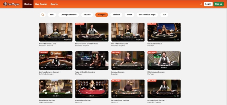 Tela de cassino online com várias mesas de blackjack ao vivo disponíveis para jogar