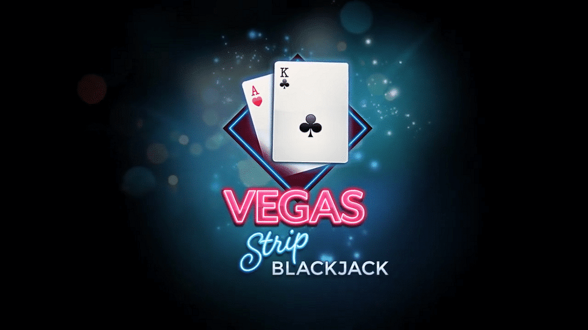 Logo de Vegas Strip Blackjack com cartas de Ás e Rei em estilo neon de cassino.
