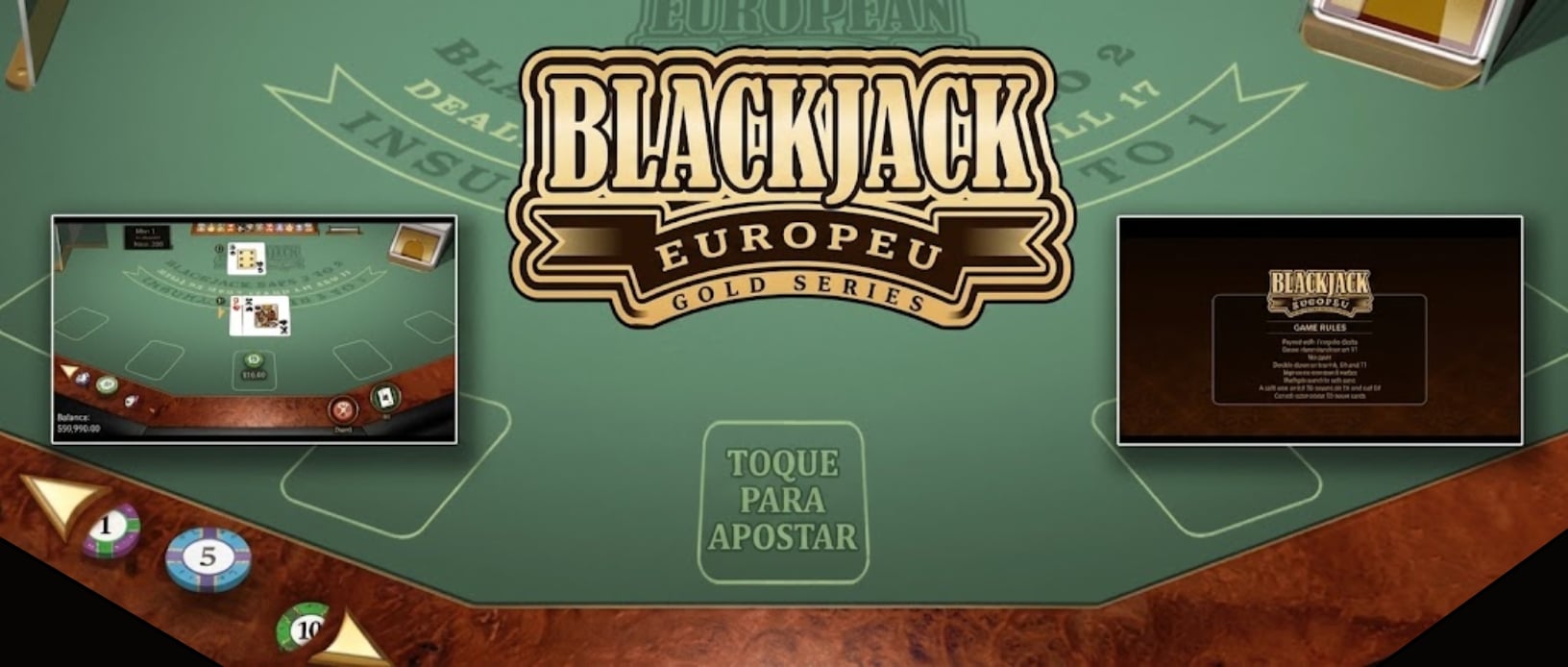 Interface de Blackjack Europeu em cassino online com mesa virtual, fichas e botão para fazer apostas.