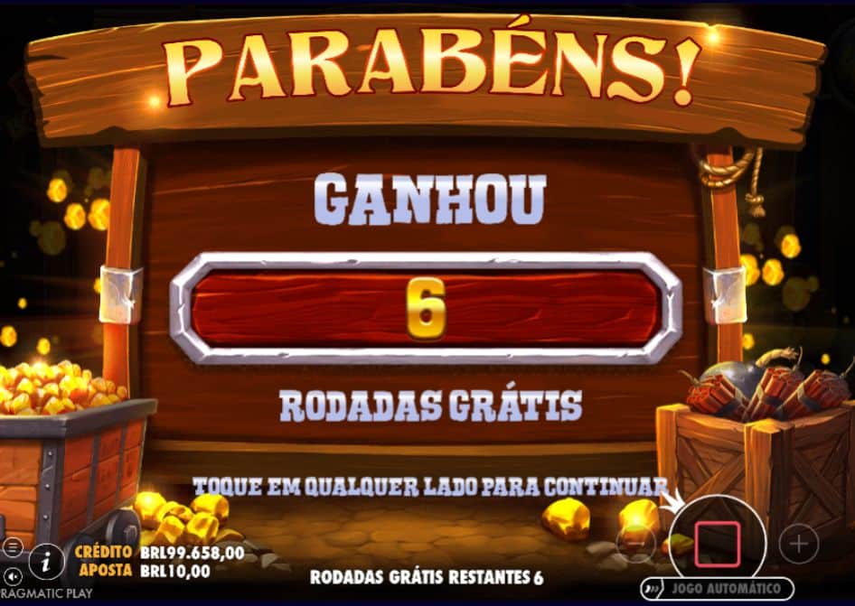 Tela do slot Bomb Bonanza em português mostrando 6 Rodadas Grátis ativadas, com valores de crédito e aposta em BRL.