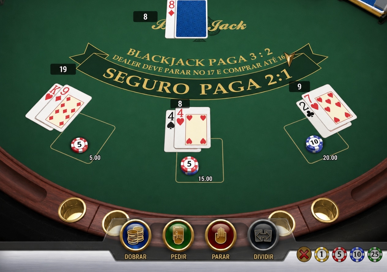 Regras do jogo de blackjack, mostrando cartas, apostas, pagamentos 3:2 e opção de seguro 2:1.