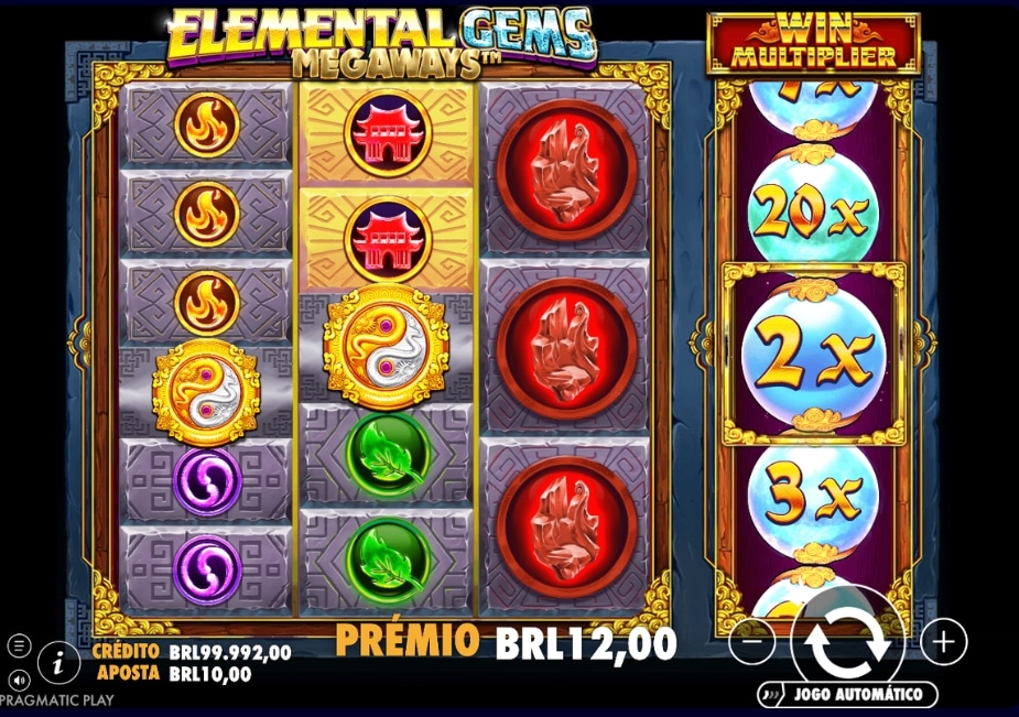 Tela do slot Elemental Gems Megaways com símbolos elementais, multiplicadores e prêmio em reais.