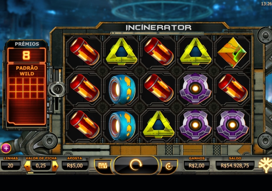 Slot Incinerator com símbolos sci-fi, padrão WILD e ganho nos rolos.