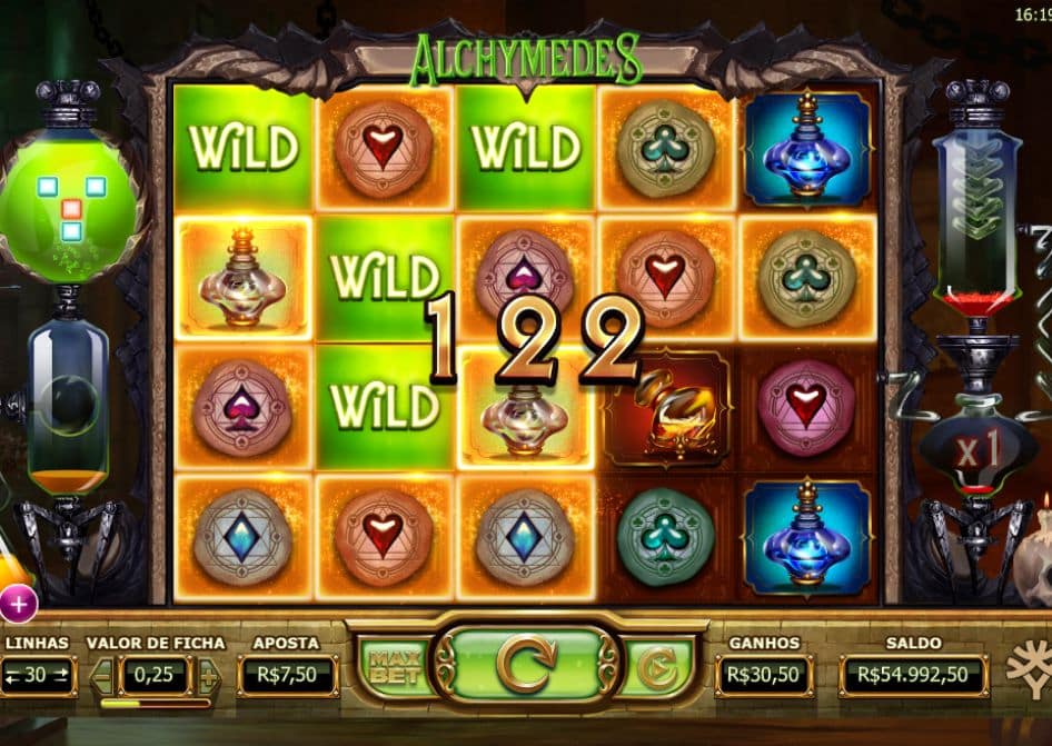 Slot Alchymedes com símbolos WILD, elixires e ganho nos rolos.