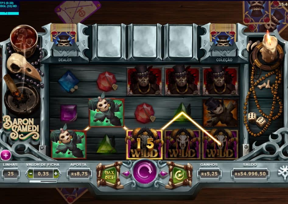 Slot Baron Samedi com símbolos WILD, cartas vodu e ganho de 15 nos rolos.