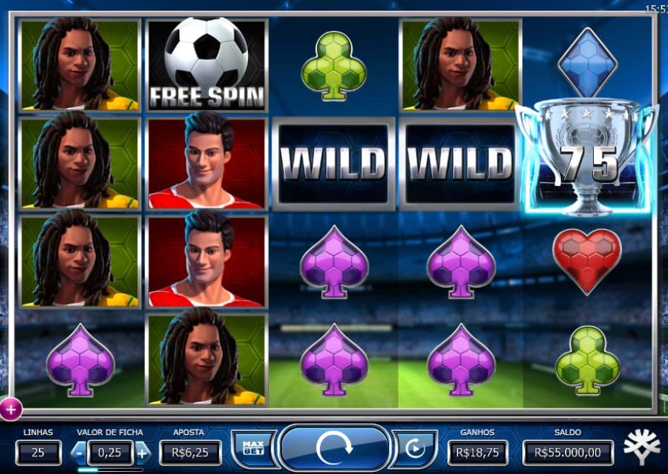 Slot Bicicleta com símbolos de futebol, WILD, Free Spin e troféu nos rolos.