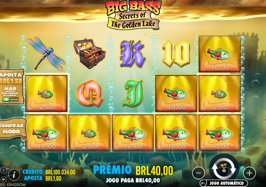 Tela do slot Big Bass Secrets of the Golden Lake mostrando símbolos de peixes, valores em BRL e prêmio de BRL40,00.