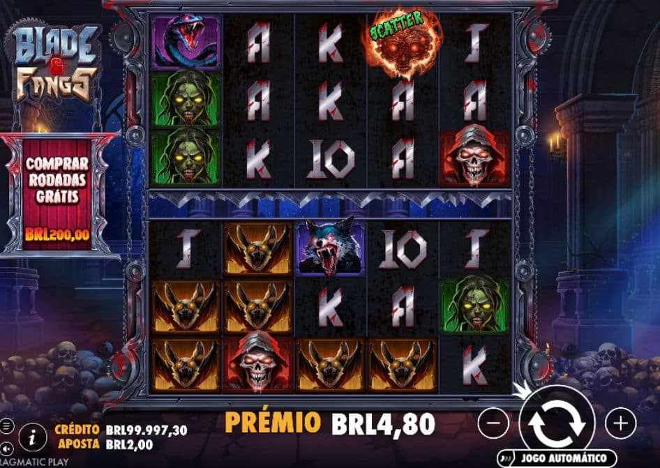 Tela do slot Blade & Fangs mostrando símbolos sombrios, Scatter, valores em BRL e prêmio de BRL4,80.