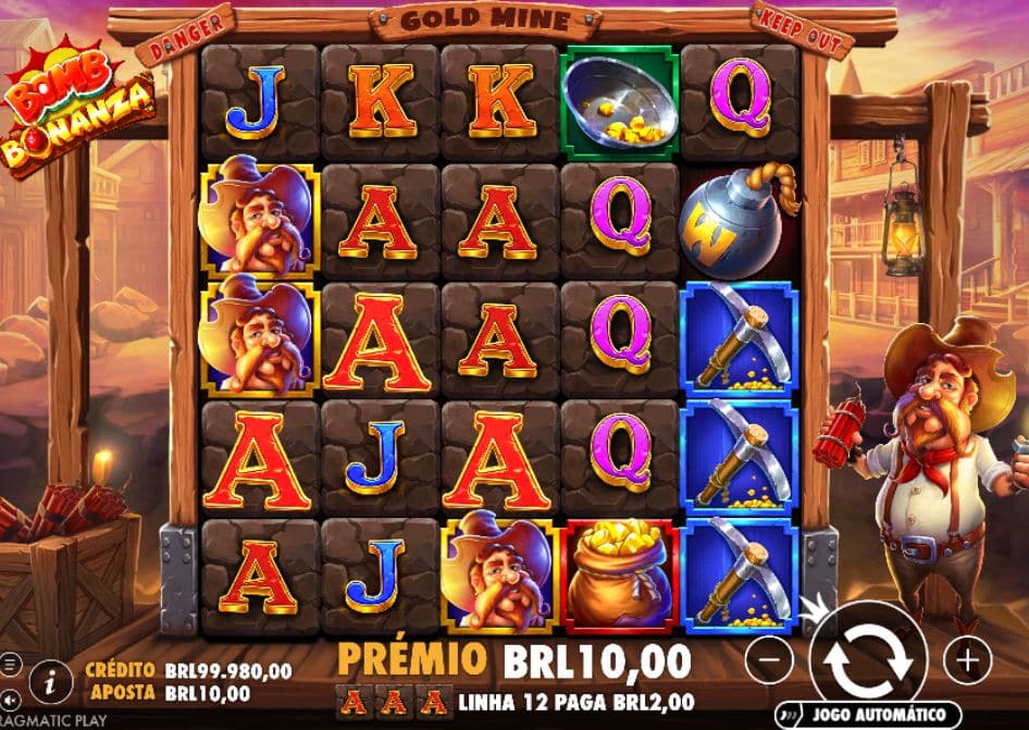 Tela do slot Bomb Bonanza mostrando símbolos de mineração, bomba WILD, valores em BRL e prêmio de BRL10,00.
