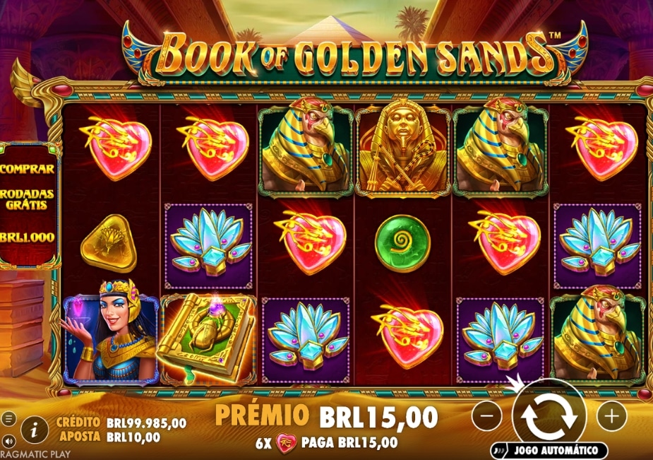 Tela do slot Book of Golden Sands mostrando símbolos egípcios, livro bônus, valores em BRL e prêmio de BRL15,00.