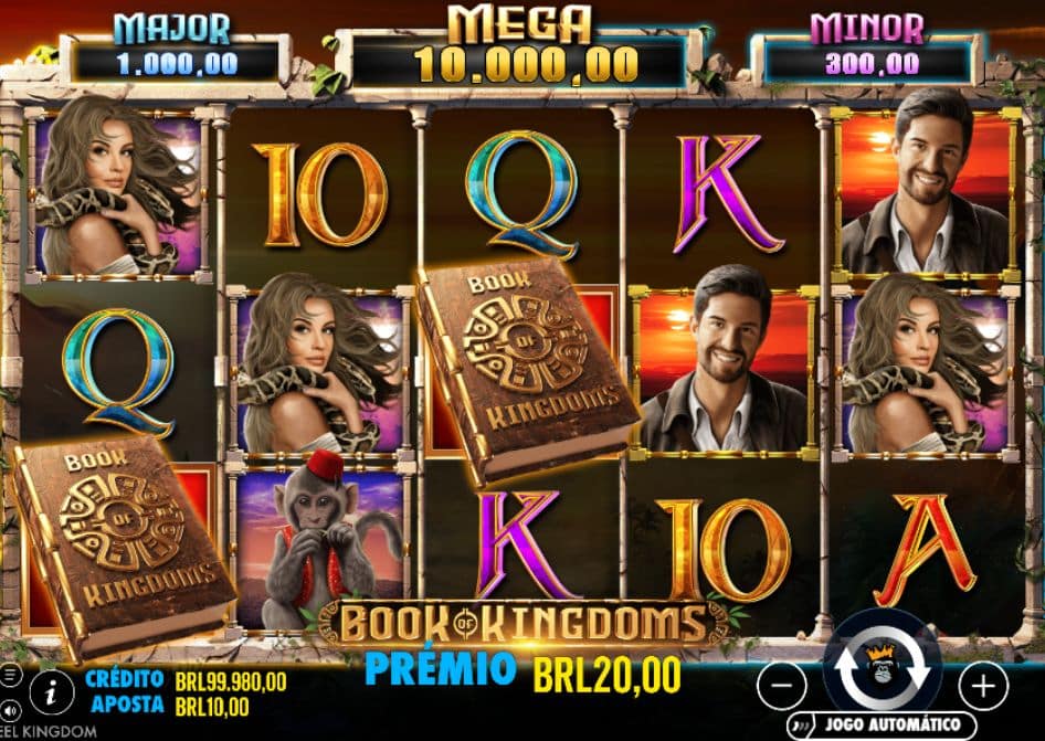 Tela do slot Book of Kingdoms com livros bônus, jackpots e prêmio em BRL.