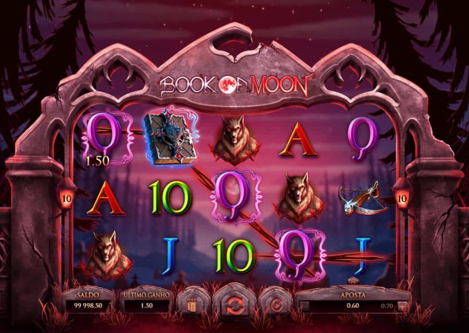 Slot Book of Moon com símbolos de lobisomem, livro místico e ganho nos rolos.
