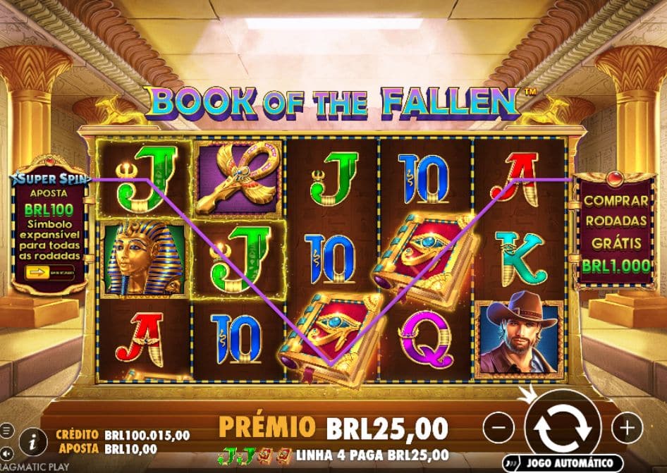 Tela do slot John Hunter and the Book of the Fallen mostrando símbolos egípcios, opção de comprar Rodadas Grátis, valores em BRL e prêmio de BRL25,00.