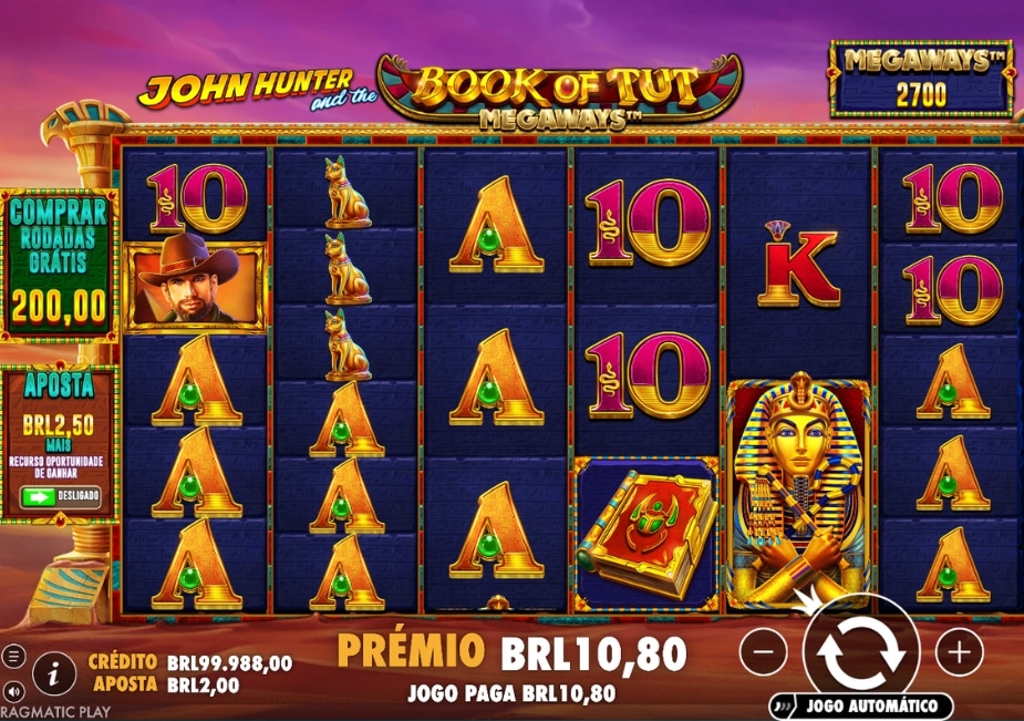 Tela do slot Book of Tut Megaways com símbolos egípcios, Megaways e prêmio em BRL.