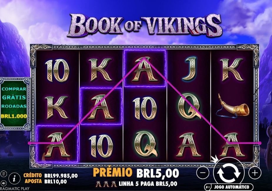 Tela do slot Book of Vikings com símbolos rúnicos, linha vencedora e prêmio em BRL.