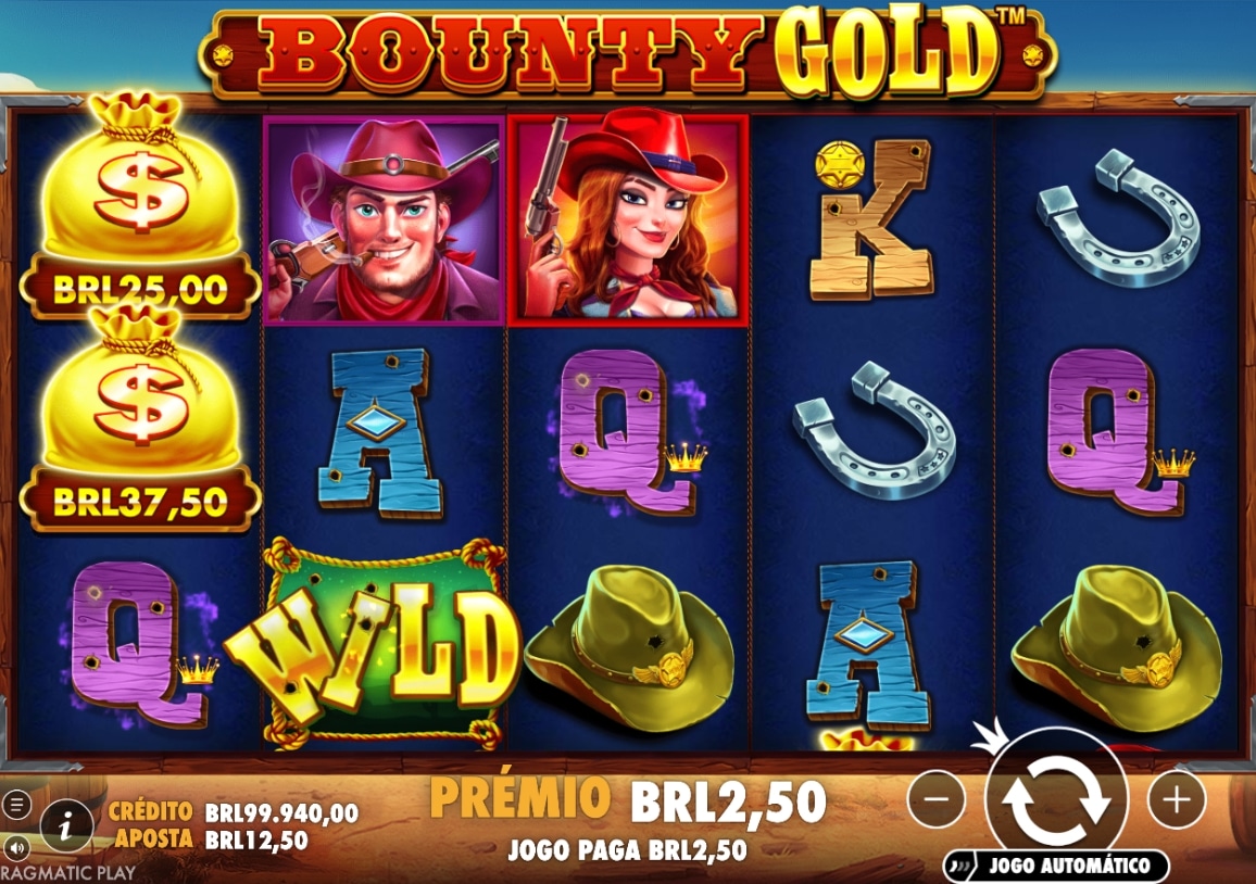 Tela do slot Bounty Gold com símbolos western, WILD, valores em BRL e prêmio de BRL2,50.