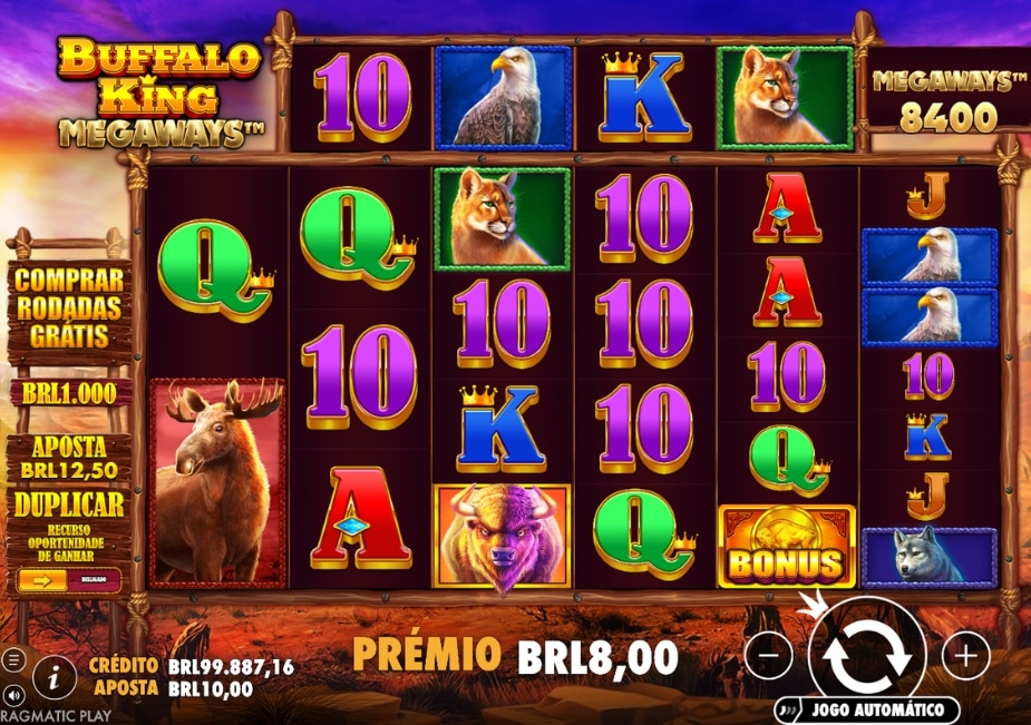 Tela do slot Buffalo King Megaways com símbolos de animais selvagens, bônus Megaways e prêmio em BRL.