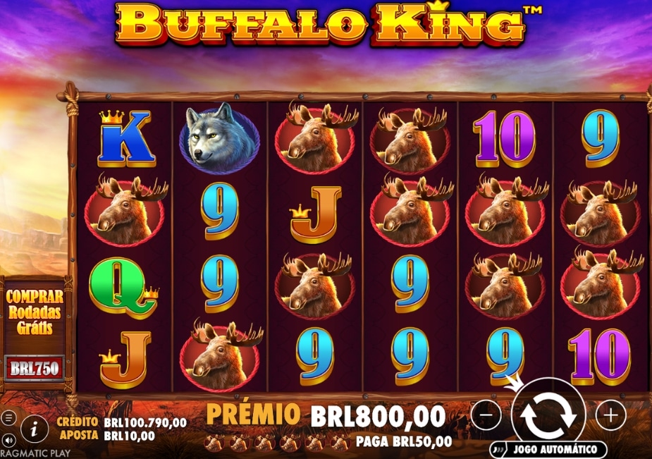 Tela do slot Buffalo King com símbolos de animais selvagens, valores em BRL e prêmio de BRL800,00.