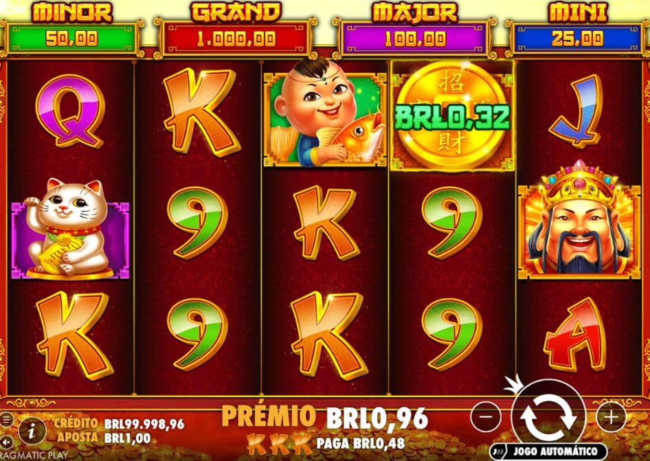 Tela do slot Caishen’s Cash com símbolos asiáticos, moeda Money em BRL e prêmio de BRL0,96.