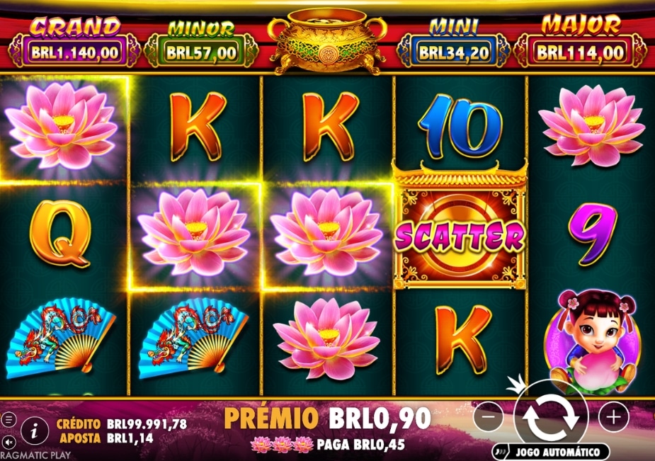 Tela do slot Caishen’s Gold com símbolos chineses, Scatter, jackpots em BRL e prêmio de BRL0,90.