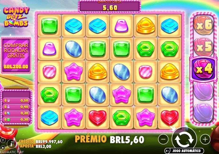 Tela do slot Candy Blitz Bombs mostrando símbolos de doces, multiplicadores laterais e prêmio em reais durante uma rodada do jogo.