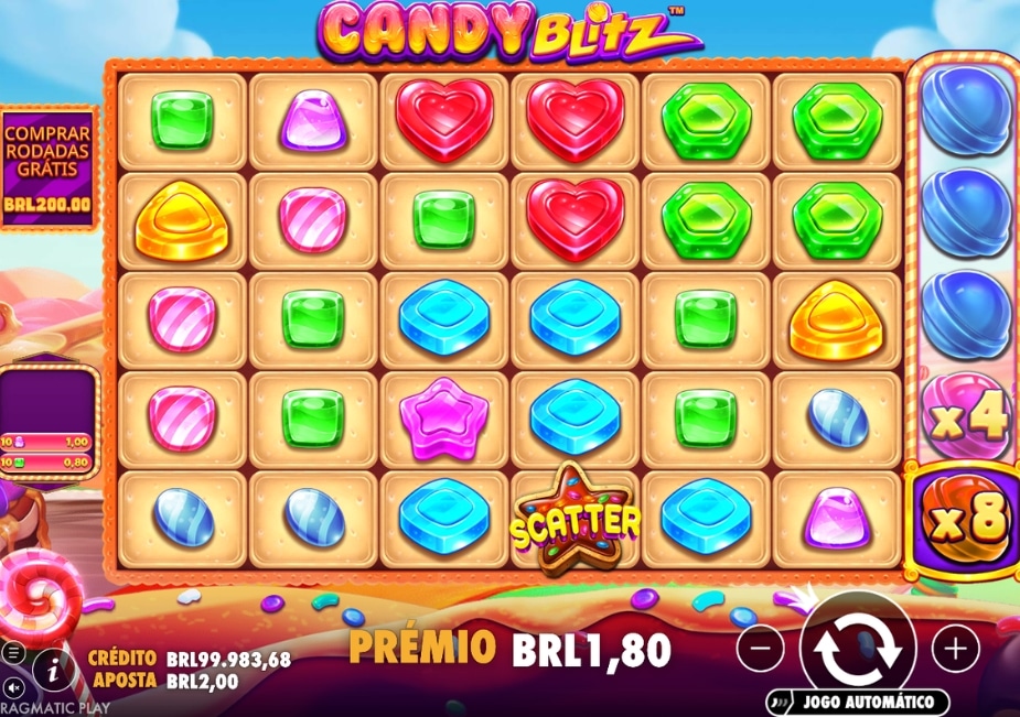 Tela do slot Candy Blitz mostrando símbolos de doces, símbolo Scatter, multiplicadores e prêmio em reais durante uma rodada do jogo.