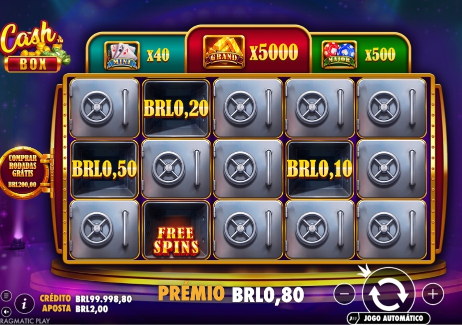 Tela do slot Cash Box mostrando cofres, prêmios em reais, símbolo Free Spins, jackpots e opção de compra de Rodadas Grátis.