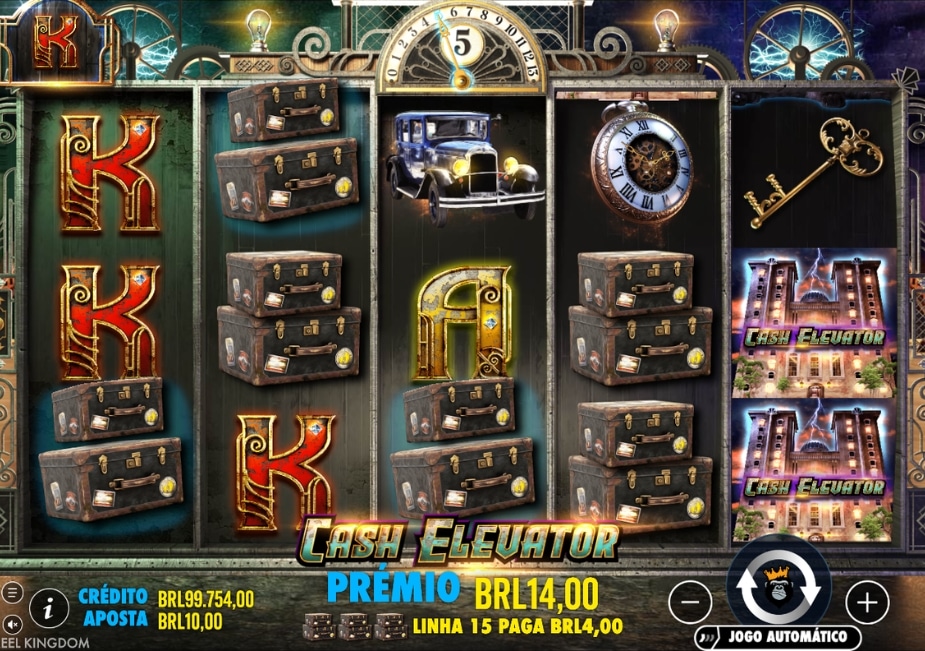 Tela do slot Cash Elevator mostrando símbolos de malas, carro, relógio, chave, letras e prêmio em reais durante uma rodada do jogo.
