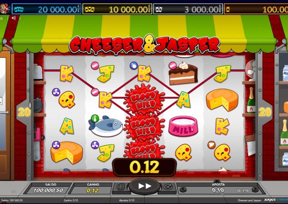 Slot Cheeser & Jasper com símbolos de queijo, comida e WILD nos rolos.