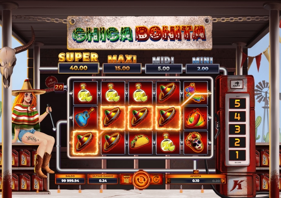 Slot Chica Bonita com símbolos mexicanos, jackpots e ganho nos rolos.