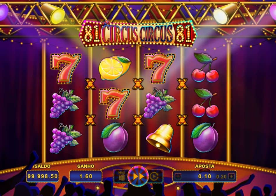 Slot Circus Circus 81 com símbolos de frutas, setes e palco de circo.