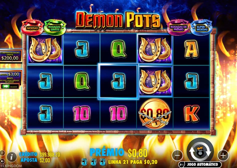 Slot Demon Pots com caldeirões de bônus, símbolos WILD e moeda nos rolos.
