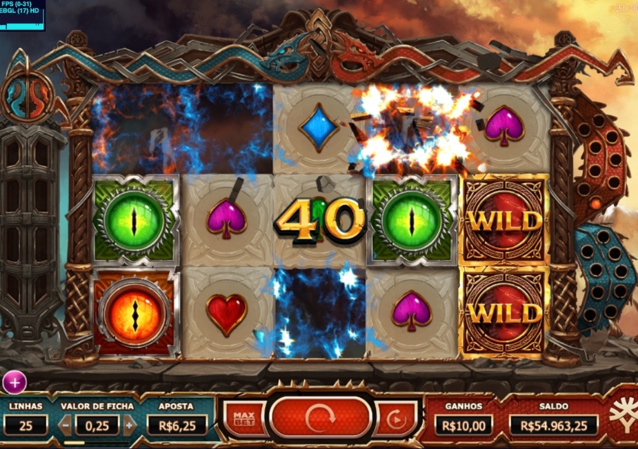 Slot Double Dragons com símbolos WILD e ganho de 40 nos rolos.