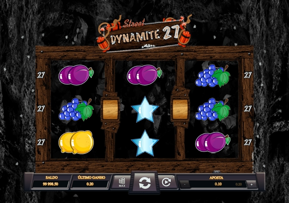 Slot Dynamite 27 Street com símbolos de frutas, estrelas e cenário de mina.