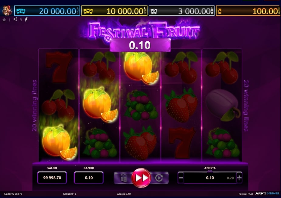 Tela do slot Festival Fruits mostrando os rolos com símbolos de frutas, ganho de 0,10 e interface do jogo em português.