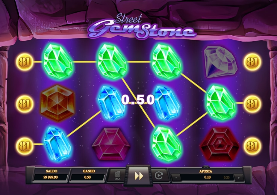 Slot Gem Stone Street com pedras preciosas coloridas e ganho nos rolos.