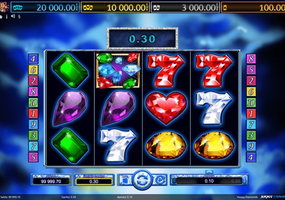 Slot Happy Diamonds com símbolos de diamantes, setes e ganho nos rolos.