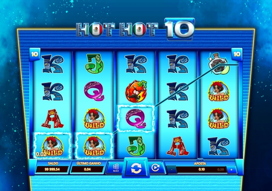 Slot Hot Hot 10 com símbolos coloridos, WILDs e ganho nos rolos.
