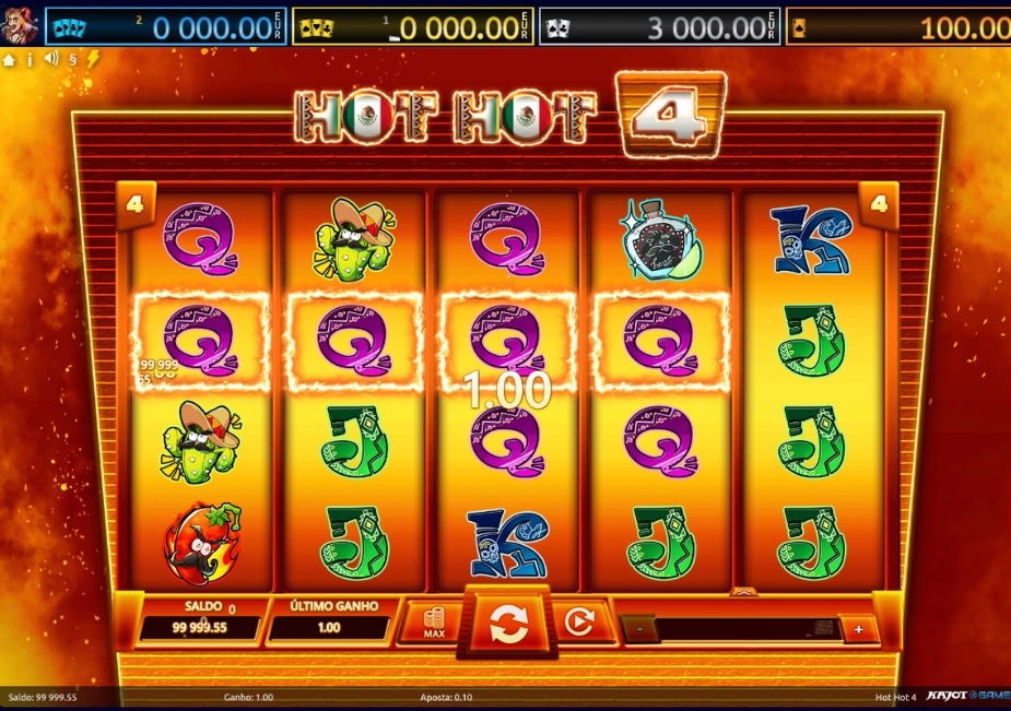 Slot Hot Hot 4 com símbolos coloridos e ganho nos rolos.
