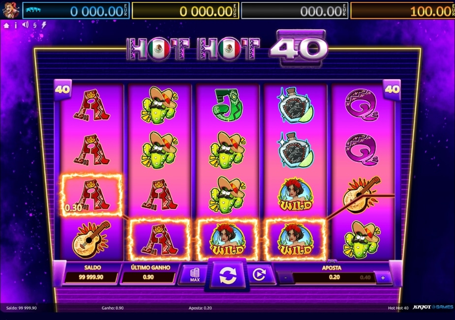 Slot Hot Hot 40 com tema mexicano, símbolos WILD e ganho nos rolos.