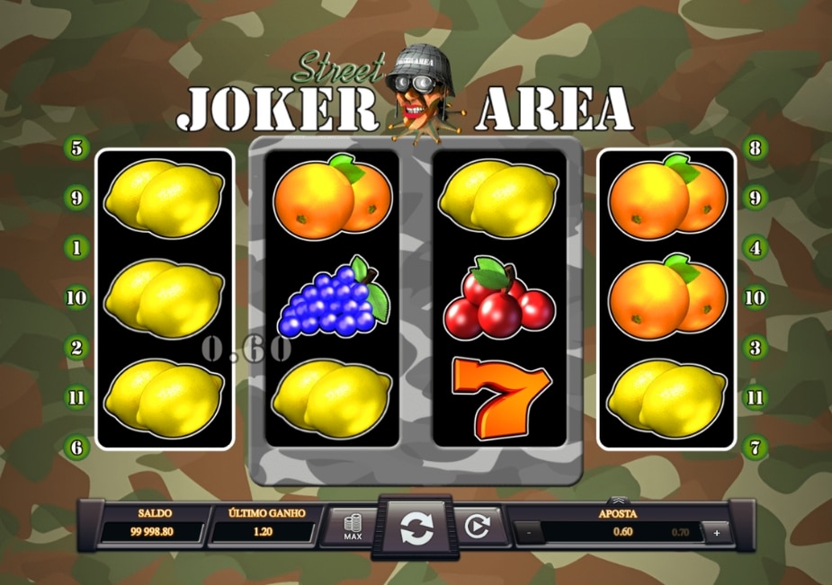 Slot Joker Area Street com símbolos de frutas, sete e tema militar.
