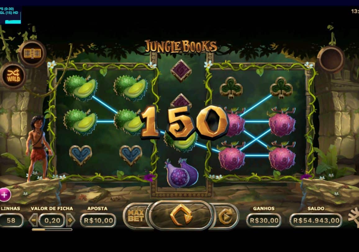 Slot Jungle Books com símbolos da selva e ganho de 150 nos rolos.