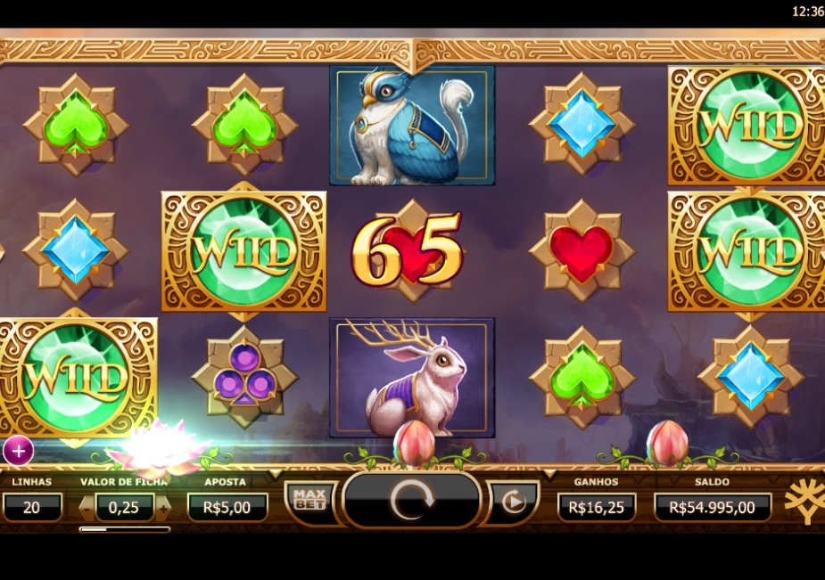 Slot Nirvana com símbolos WILD, animais místicos e ganho nos rolos.