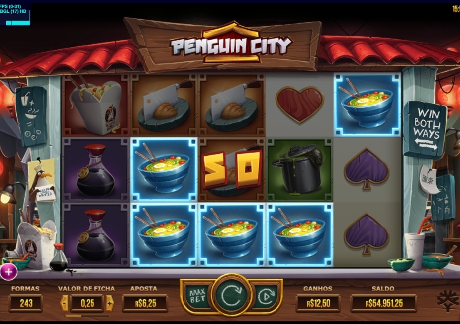 Slot Penguin City com símbolos de comida chinesa e ganho de 50 nos rolos.