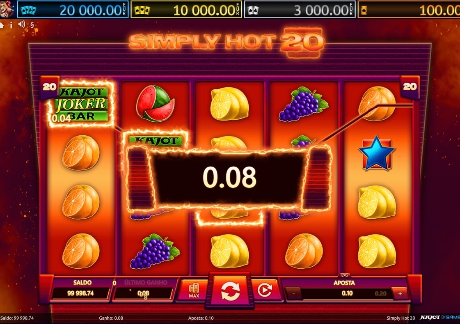 Slot Simply Hot 20 com frutas, estrela, Joker WILD e ganho nos rolos.