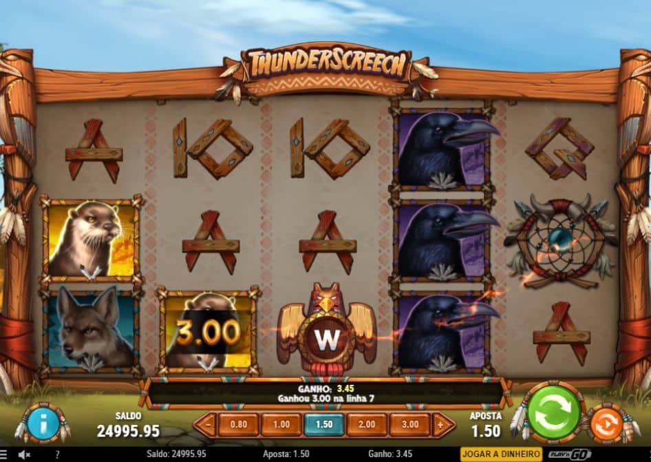 Slot Thunder Screech com símbolos de animais, WILD e ganho nos rolos.