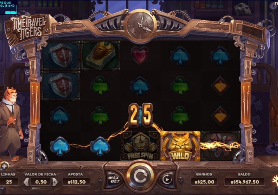 Slot Time Travel Tigers com símbolo WILD e ganho de 25 nos rolos.