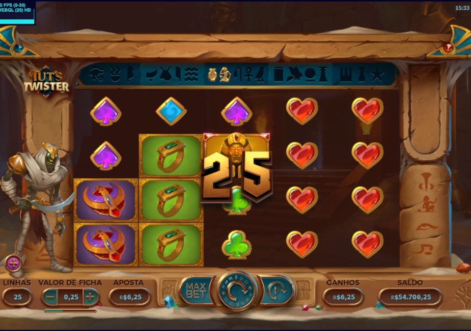Slot Tut’s Twister com símbolos egípcios e ganho de 25 nos rolos.