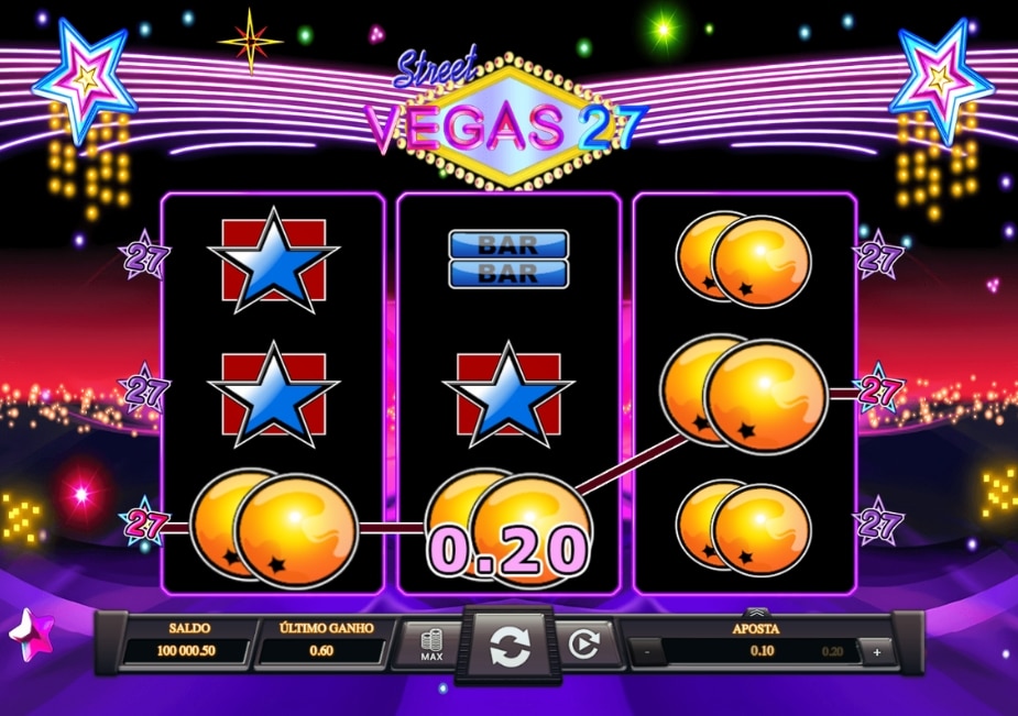 Slot Vegas 27 Street com símbolos de frutas, BAR e estrelas nos rolos.