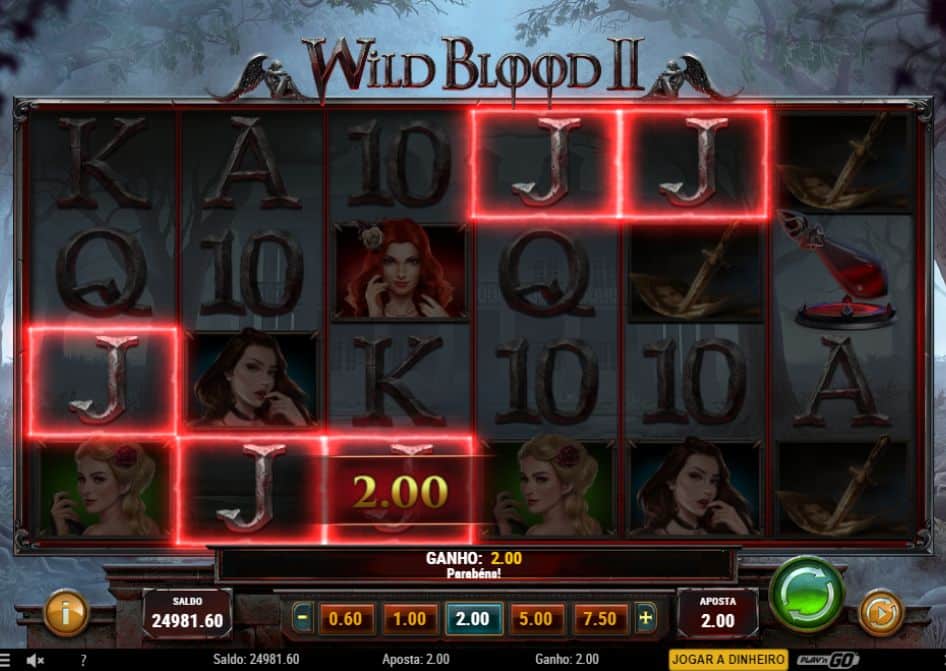 Slot Wild Blood 2 com símbolos de vampiros e ganho nos rolos.